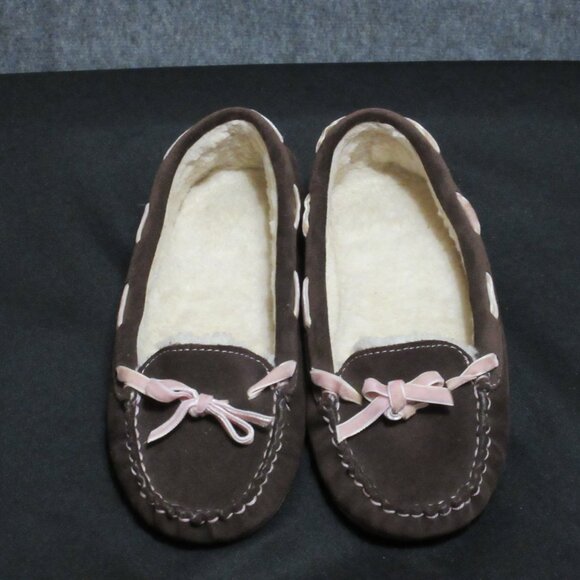 L.L. Bean Suede Leather Shearling Slippers Ribbon Womens 7 - Picture 3 of 10